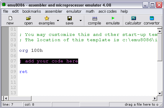 Создание нового файла в Emu8086